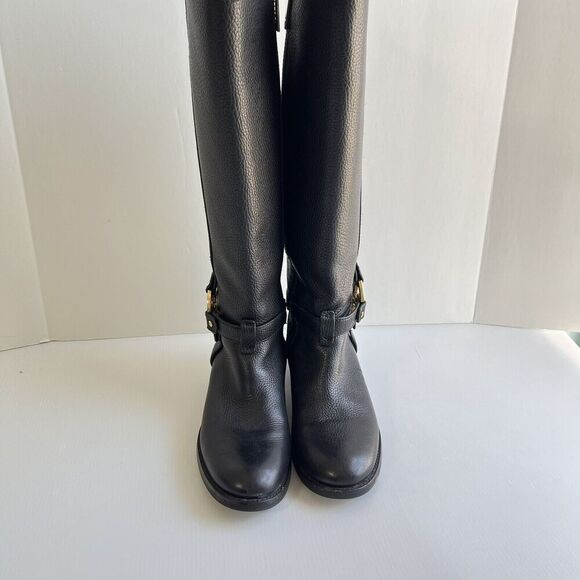 Tory Burch Black Leather Amanda Tall Riding Boots Size 6.5 Big Logo - Picture 4 of 16